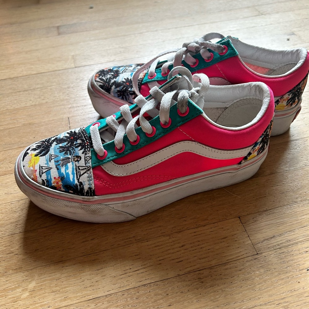 Vans Customized Pink and Teal platform with Tropical Print, sz 6